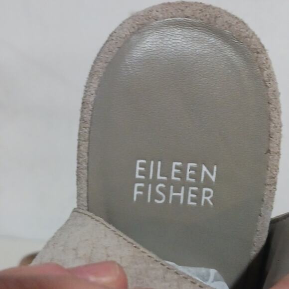 Eileen Fisher Taupe Thatched Suede Wood Stacked Statement heel size 9.5 - Picture 10 of 12